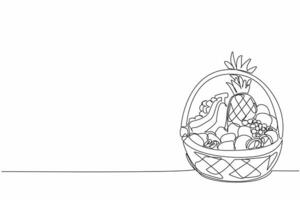 Continuous one line drawing fruit basket containing oranges, grapes, apples, pineapples and bananas. Parcels filled with vitamin C. National Vitamin C Day. Single line draw design illustration vector