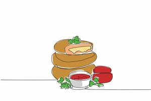 Single continuous line drawing 3 chicken cordon bleu stacked on top with melted cheese in the middle. Delicious and filling. National Chicken Cordon Bleu Day. One line design illustration vector