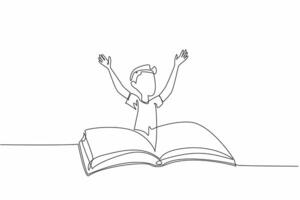 Single one line drawing a girl emerges from the middle of open thick book. A fun hobby of reading books. Fiction. Comic. International of Children Book Day. Continuous line design graphic illustration vector