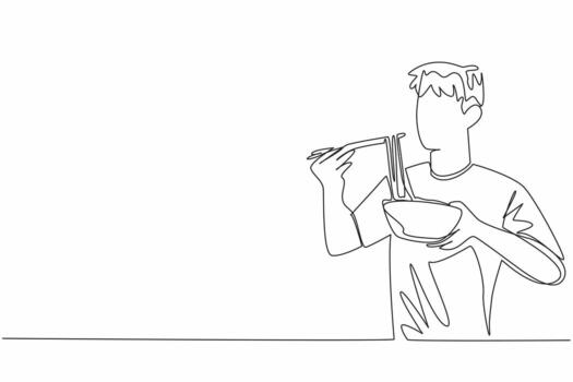 Single one line drawing man devouring ramen with chopsticks. Inhale the delicious aroma of ramen when lifted. A satisfying delicacy. National Ramen Day. Continuous line design graphic illustration vector