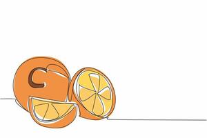 Single continuous line drawing a whole orange with the letter C in the middle. This fruit is very famous for its vitamin C content. Healthy. National Vitamin C Day. One line design illustration vector