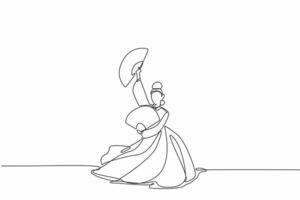 Single one line drawing woman wearing the hanbok dancing and holding a paper fan in both hands. The fluid movements display stunning action. Fan Dance Day. Continuous line design graphic illustration vector