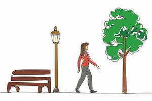 Single one line drawing young woman in casual clothes walking in the park. Healthy activity. Take a leisurely walk. Without pollution. National Walking Day. Continuous line design graphic illustration vector