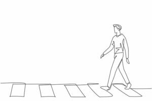 Continuous one line drawing man in casual clothes walking on zebra crossing. Leisurely walking activity. Orderly. Good habit. Culture. National Walking Day. Single line draw design illustration vector