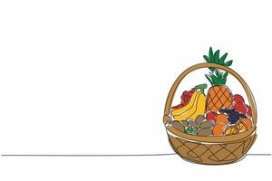 Continuous one line drawing fruit basket containing oranges, grapes, apples, pineapples and bananas. Parcels filled with vitamin C. National Vitamin C Day. Single line draw design illustration vector