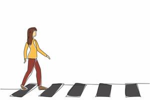 Continuous one line drawing young woman walking on zebra crossing. Good habit. Do not cross anywhere. Respect each other. Pedestrian. National Walking Day. Single line draw design illustration vector