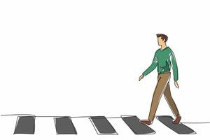 Continuous one line drawing man in casual clothes walking on zebra crossing. Leisurely walking activity. Orderly. Good habit. Culture. National Walking Day. Single line draw design illustration vector