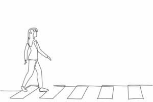 Continuous one line drawing young woman walking on zebra crossing. Good habit. Do not cross anywhere. Respect each other. Pedestrian. National Walking Day. Single line draw design illustration vector