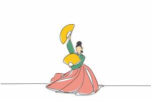 Single one line drawing woman wearing the hanbok dancing and holding a paper fan in both hands. The fluid movements display stunning action. Fan Dance Day. Continuous line design graphic illustration vector