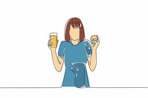 Single one line drawing woman holding whole orange and glass of orange juice. Unmatched freshness. Add ice for more enjoyment. National Vitamin C Day. Continuous line design graphic illustration vector