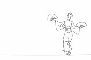 Continuous one line drawing woman wear kimono hold paper fan in both hands. Very good at choreography. Inviting admiration of many people. Fan Dance Day. Single line draw design illustration vector