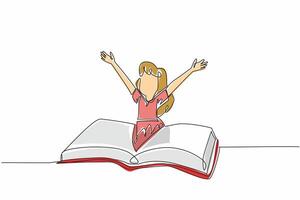 Single continuous line drawing a girl emerges from the middle of open thick book. Happy gesture. Almost finished the fairy tale. International of Children Book Day. One line design illustration vector
