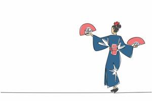 Continuous one line drawing woman wear kimono hold paper fan in both hands. Very good at choreography. Inviting admiration of many people. Fan Dance Day. Single line draw design illustration vector