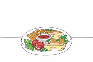 Single one line drawing chicken cordon bleu cut in half served on black round plate. French fries as carbohydrates. Tasty. National Chicken Cordon Bleu Day. Continuous line design graphic illustration vector