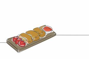 Single continuous line drawing chicken cordon bleu served on a chopping board. Plating that increases hunger. Enjoy every bite. National Chicken Cordon Bleu Day. One line design illustration vector