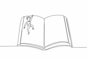 Continuous one line drawing boy hanging in the middle of an open large book. High enthusiasm for reading fiction books. International of Children Book Day. Single line draw design illustration vector