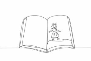 Single one line drawing girl walking in the middle of open big books holding bookmark. Open the latest page. New hobby. International of Children Book Day. Continuous line design graphic illustration vector