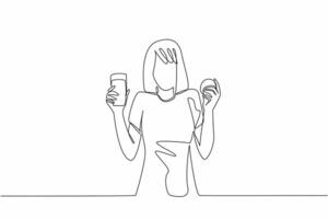 Single one line drawing woman holding whole orange and glass of orange juice. Unmatched freshness. Add ice for more enjoyment. National Vitamin C Day. Continuous line design graphic illustration vector