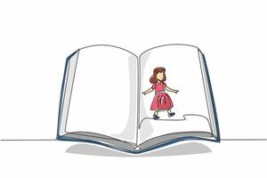 Single one line drawing girl walking in the middle of open big books holding bookmark. Open the latest page. New hobby. International of Children Book Day. Continuous line design graphic illustration vector