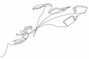 Single continuous line drawing a girl flies while holding a rope tied to 5 flying books. Interesting fairy tale storyline. International of Children Book Day. One line design illustration vector