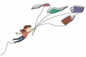 Single continuous line drawing a girl flies while holding a rope tied to 5 flying books. Interesting fairy tale storyline. International of Children Book Day. One line design illustration vector