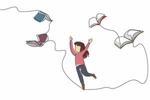 Single continuous line drawing the books flies and wants to be caught by the girl who is below it. Reading is fun. Knowledge. International of Children Book Day. One line design illustration vector