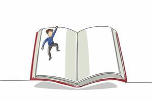 Continuous one line drawing boy hanging in the middle of an open large book. High enthusiasm for reading fiction books. International of Children Book Day. Single line draw design illustration vector