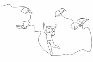 Single continuous line drawing the books flies and wants to be caught by the girl who is below it. Reading is fun. Knowledge. International of Children Book Day. One line design illustration vector
