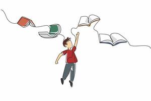 Continuous one line drawing the books flies and wants to be caught by the boy who is below it. High interest in reading. International of Children Book Day. Single line draw design illustration vector