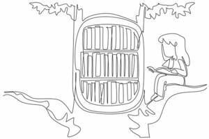 Single one line drawing a girl sitting on a big tree branch. Bookcase on a tree branch. An interesting fairy tale. Read. International of Children Book Day. Continuous line design graphic illustration vector