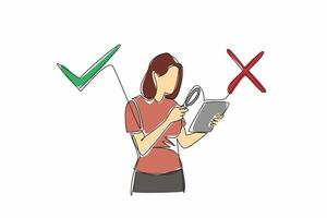 A woman holding a tablet with a check mark next to it vector