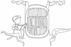 Continuous one line drawing a boy sit on big tree branch. Really enjoy reading book. Comic. Increase reading interest. International of Children Book Day. Single line draw design illustration vector