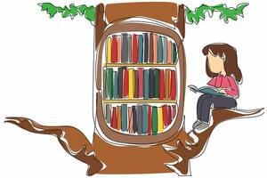 Single one line drawing a girl sitting on a big tree branch. Bookcase on a tree branch. An interesting fairy tale. Read. International of Children Book Day. Continuous line design graphic illustration vector