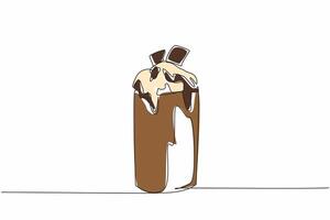 Single continuous line drawing one glass of chocolate mousse topped with whipped cream and melted chocolate. Thirst quencher. Tasty. National Chocolate Mousse Day. One line design illustration vector