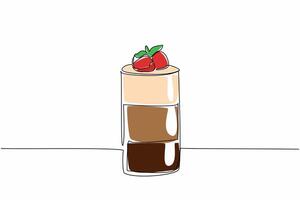 Single continuous line drawing glass of chocolate mousse with layers of color and strawberry topping. Delicious sweet and sour taste. National Chocolate Mousse Day. One line design illustration vector