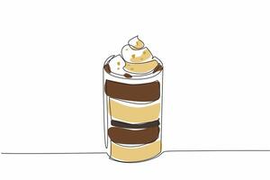 Single continuous line drawing one glass of chocolate mousse with layers of color topped with whipped cream. Unparalleled pleasure. National Chocolate Mousse Day. One line design illustration vector