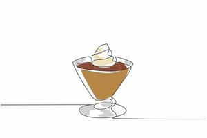 Single one line drawing one cone glass of chocolate mousse with whipped cream topping and raspberry. Perfect for summer. National Chocolate Mousse Day. Continuous line design graphic illustration vector