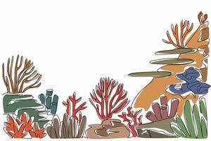 Continuous one line drawing colorful coral reefs and variety of anemones and corals. Protect coastline from erosion. Ecosystem. World Aquatic Animal Day. Single line draw design illustration vector