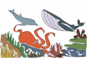 Single continuous line drawing view in the depths of the sea. Whale, dolphin and octopus. Keeper of the balance of the ecosystem in sea. World Aquatic Animal Day. One line design illustration vector