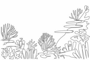 Continuous one line drawing colorful coral reefs and variety of anemones and corals. Protect coastline from erosion. Ecosystem. World Aquatic Animal Day. Single line draw design illustration vector