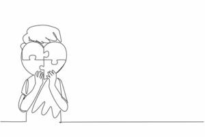 Single continuous line drawing boy holding a heart shaped 4 piece puzzle. Symbolic. Non verbal expression. Needs excessive affection. World Autism Awareness Day. One line design illustration vector