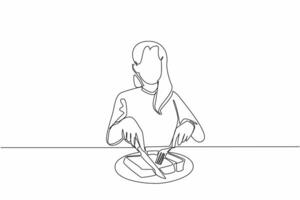 Continuous one line drawing a woman cuts thick book with fork and knife into several pieces. Interesting metaphor. Reading books gradually Edible Book Day. Single line draw design illustration vector