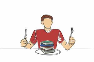 Single continuous line drawing a man in casual clothes holding a fork and knife. The hobby of reading is the same as the hobby of eating a lot. Edible Book Day. One line design illustration vector