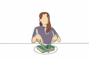 Continuous one line drawing a woman cuts thick book with fork and knife into several pieces. Interesting metaphor. Reading books gradually Edible Book Day. Single line draw design illustration vector