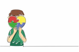 Single continuous line drawing boy holding a heart shaped 4 piece puzzle. Symbolic. Non verbal expression. Needs excessive affection. World Autism Awareness Day. One line design illustration vector
