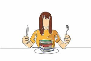 Single one line drawing a woman in casual clothes holding a fork and knife. Unique metaphor. Really likes reading. Increasing insight. Edible Book Day. Continuous line design graphic illustration vector