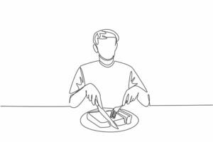 Single continuous line drawing the man cutting thick book with fork and knife into several pieces. Ready to devour knowledge until it runs out. Edible Book Day. One line design illustration vector