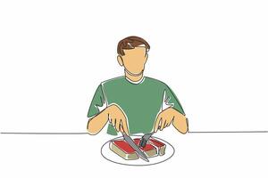 Single continuous line drawing the man cutting thick book with fork and knife into several pieces. Ready to devour knowledge until it runs out. Edible Book Day. One line design illustration vector
