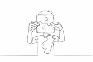 Single one line drawing boy holds with both hands 4 piece puzzle in the shape of box. His unique behavior. Posing covering face. World Autism Awareness Day. Continuous line design graphic illustration vector