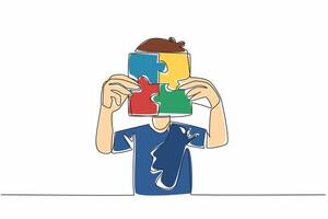 Single one line drawing boy holds with both hands 4 piece puzzle in the shape of box. His unique behavior. Posing covering face. World Autism Awareness Day. Continuous line design graphic illustration vector